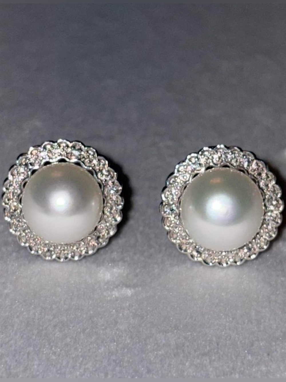 WW 925 Sterling Silver Chunky Faux Pearl & CZ Diamond Halo Stud Earrings